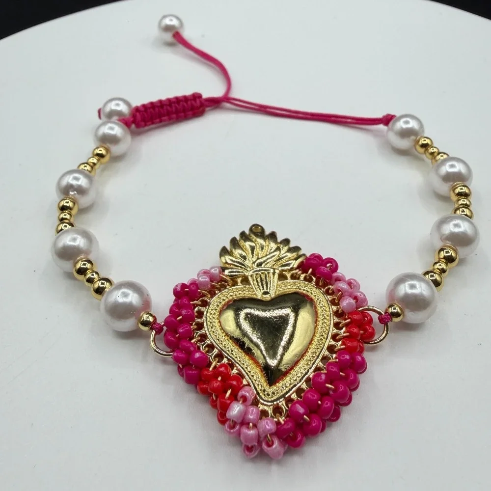 Sacred Heart Bracelet Pink Beaded Pearl Adjustable Gold Tone Valentine Boho